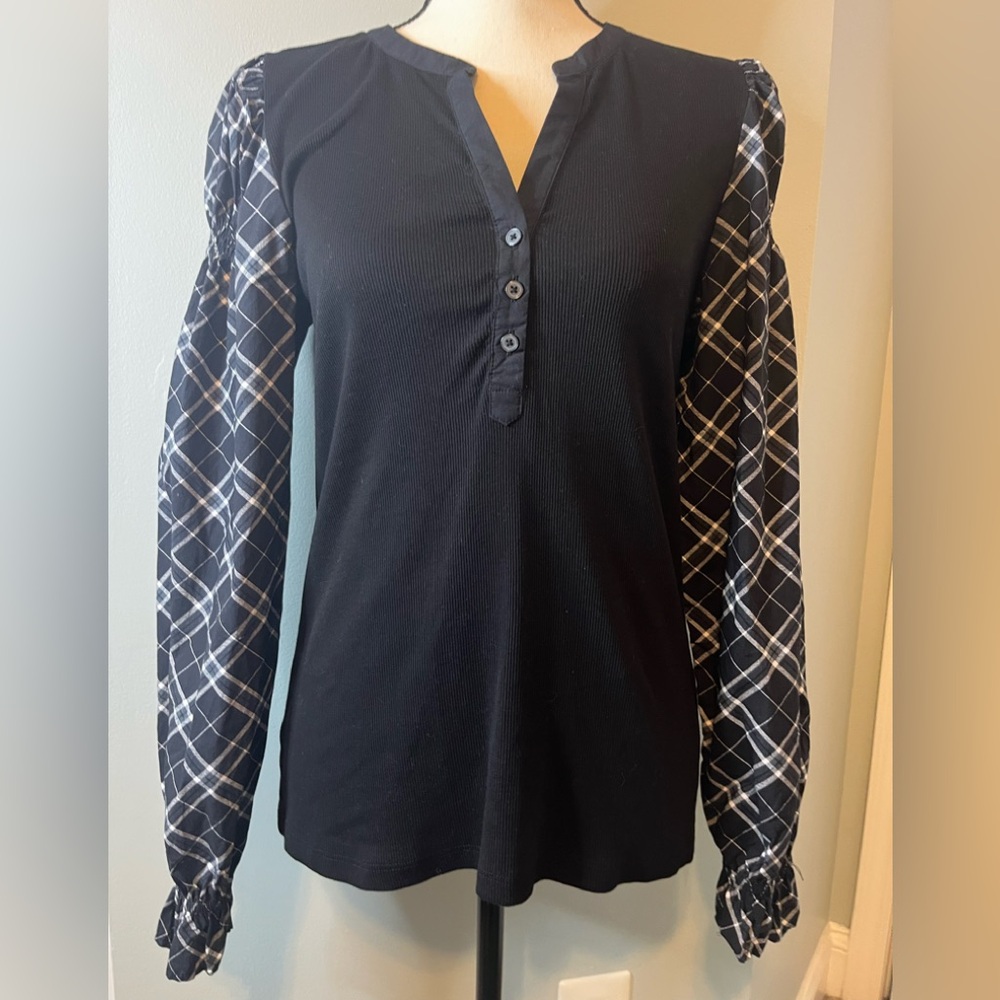 Loft Plaid Henley Mixed Media Women's Top - Medium